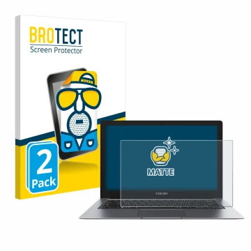 Parte frontal de un envase de producto con el logotipo de la marca BROTECT. Al lado se muestra el dispositivo Chuwi HeroBook P