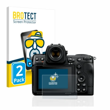 Parte frontal de un envase de producto con el logotipo de la marca BROTECT. Al lado se muestra el dispositivo Nikon Z 8 con su