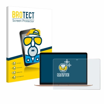 Parte frontal de un envase de producto con el logotipo de la marca BROTECT. Al lado se muestra el dispositivo Apple MacBook Ai