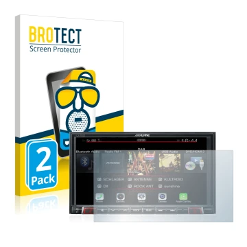 Parte frontal de un envase de producto con el logotipo de la marca BROTECT. Al lado se muestra el dispositivo Alpine iLX-702D 