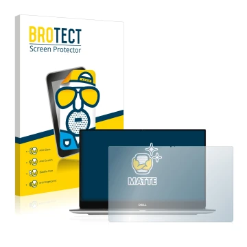 Parte frontal de un envase de producto con el logotipo de la marca BROTECT. Al lado se muestra el dispositivo Dell XPS 13 9305