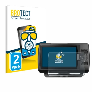 Parte frontal de un envase de producto con el logotipo de la marca BROTECT. Al lado se muestra el dispositivo Garmin Striker V