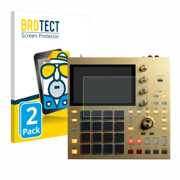 Parte frontal de un envase de producto con el logotipo de la marca BROTECT. Al lado se muestra el dispositivo Akai MPC One con