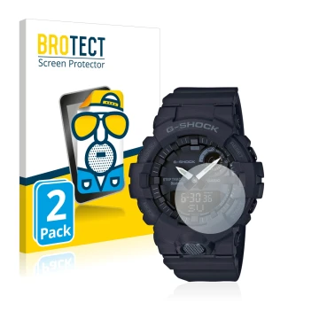 Parte frontal de un envase de producto con el logotipo de la marca BROTECT. Al lado se muestra el dispositivo Casio G-Shock GB