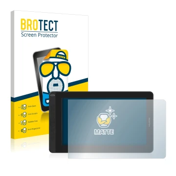 Parte frontal de un envase de producto con el logotipo de la marca BROTECT. Al lado se muestra el dispositivo Huion Kamvas 13 