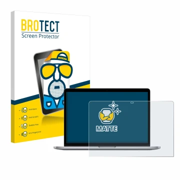 Parte frontal de un envase de producto con el logotipo de la marca BROTECT. Al lado se muestra el dispositivo Apple MacBook Pr