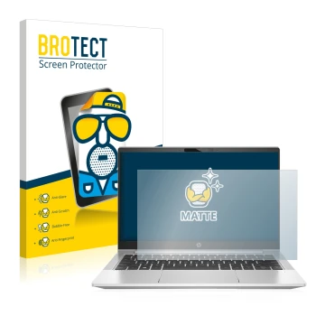 Parte frontal de un envase de producto con el logotipo de la marca BROTECT. Al lado se muestra el dispositivo HP ProBooks 430 