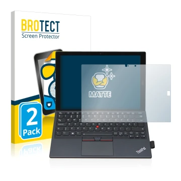 Parte frontal de un envase de producto con el logotipo de la marca BROTECT. Al lado se muestra el dispositivo Lenovo ThinkPad 