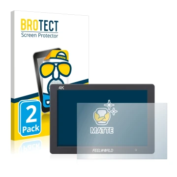 Parte frontal de un envase de producto con el logotipo de la marca BROTECT. Al lado se muestra el dispositivo Feelworld FW279 