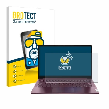 Parte frontal de un envase de producto con el logotipo de la marca BROTECT. Al lado se muestra el dispositivo Lenovo Yoga Slim