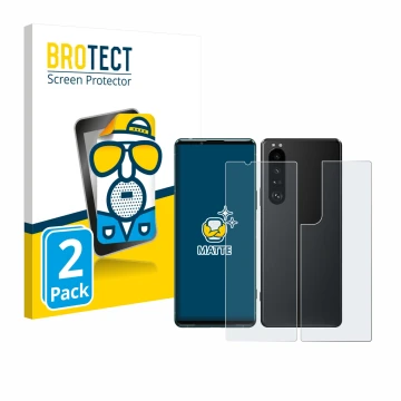 Parte frontal de un envase de producto con el logotipo de la marca BROTECT. Al lado se muestra el dispositivo Sony Xperia 5 II