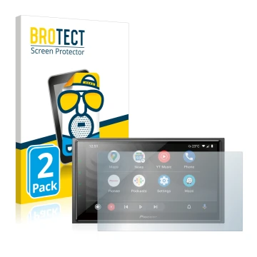 Parte frontal de un envase de producto con el logotipo de la marca BROTECT. Al lado se muestra el dispositivo Pioneer SPH-EVO6