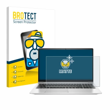 Parte frontal de un envase de producto con el logotipo de la marca BROTECT. Al lado se muestra el dispositivo HP ProBook 450 G