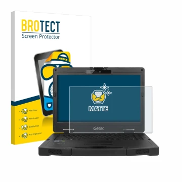 Parte frontal de un envase de producto con el logotipo de la marca BROTECT. Al lado se muestra el dispositivo Getac S410 con s