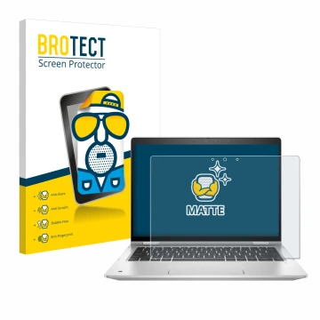 Parte frontal de un envase de producto con el logotipo de la marca BROTECT. Al lado se muestra el dispositivo HP ProBook x360 