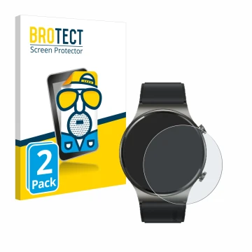 Parte frontal de un envase de producto con el logotipo de la marca BROTECT. Al lado se muestra el dispositivo Huawei Watch GT 