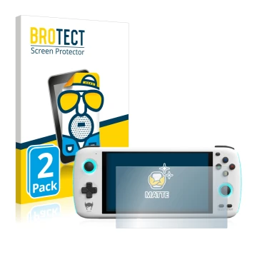 Parte frontal de un envase de producto con el logotipo de la marca BROTECT. Al lado se muestra el dispositivo AYN Odin con su 