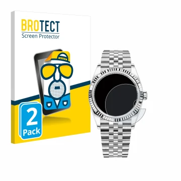 Parte frontal de un envase de producto con el logotipo de la marca BROTECT. Al lado se muestra el dispositivo Rolex Datejust 3