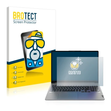 Parte frontal de un envase de producto con el logotipo de la marca BROTECT. Al lado se muestra el dispositivo Lenovo IdeaPad 5