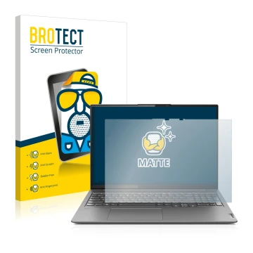 Parte frontal de un envase de producto con el logotipo de la marca BROTECT. Al lado se muestra el dispositivo Lenovo Yoga Slim