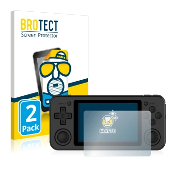 Parte frontal de un envase de producto con el logotipo de la marca BROTECT. Al lado se muestra el dispositivo Anbernic RG351P 