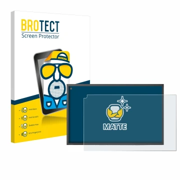 Parte frontal de un envase de producto con el logotipo de la marca BROTECT. Al lado se muestra el dispositivo Amazon Echo Show