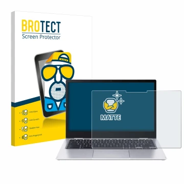 Parte frontal de un envase de producto con el logotipo de la marca BROTECT. Al lado se muestra el dispositivo Acer Chromebook 