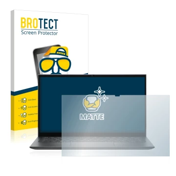 Parte frontal de un envase de producto con el logotipo de la marca BROTECT. Al lado se muestra el dispositivo Dell Inspiron 14