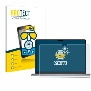 Parte frontal de un envase de producto con el logotipo de la marca BROTECT. Al lado se muestra el dispositivo Apple MacBook Pr