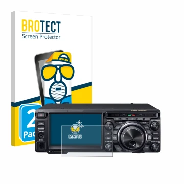Parte frontal de un envase de producto con el logotipo de la marca BROTECT. Al lado se muestra el dispositivo Yaesu FT-DX10 co