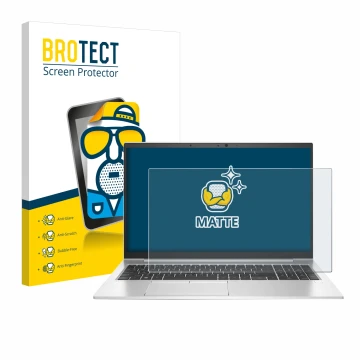 Parte frontal de un envase de producto con el logotipo de la marca BROTECT. Al lado se muestra el dispositivo HP EliteBook 850