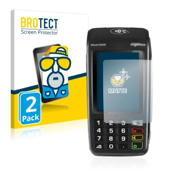 Parte frontal de un envase de producto con el logotipo de la marca BROTECT. Al lado se muestra el dispositivo ingenico Move 50