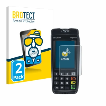 Parte frontal de un envase de producto con el logotipo de la marca BROTECT. Al lado se muestra el dispositivo ingenico Desk/50