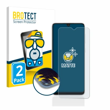 Parte frontal de un envase de producto con el logotipo de la marca BROTECT. Al lado se muestra el dispositivo Samsung Galaxy A