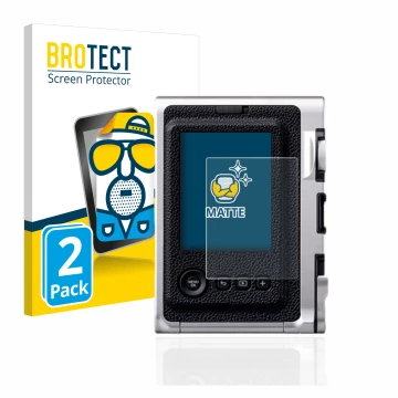 Parte frontal de un envase de producto con el logotipo de la marca BROTECT. Al lado se muestra el dispositivo Fujifilm Instax 