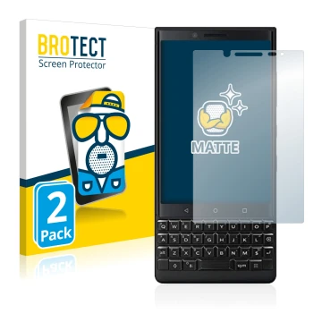 Parte frontal de un envase de producto con el logotipo de la marca BROTECT. Al lado se muestra el dispositivo BlackBerry Key2 
