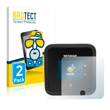 Parte frontal de un envase de producto con el logotipo de la marca BROTECT. Al lado se muestra el dispositivo Netgear Nighthaw