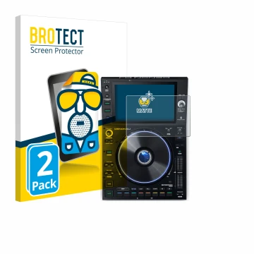 Parte frontal de un envase de producto con el logotipo de la marca BROTECT. Al lado se muestra el dispositivo Denon DJ SC6000 