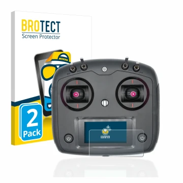 Parte frontal de un envase de producto con el logotipo de la marca BROTECT. Al lado se muestra el dispositivo FlySky FS-i6S co