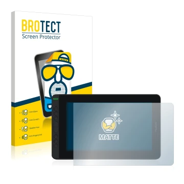 Parte frontal de un envase de producto con el logotipo de la marca BROTECT. Al lado se muestra el dispositivo Huion Kamvas 12 