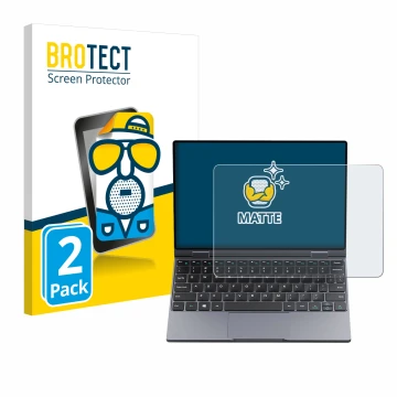 Parte frontal de un envase de producto con el logotipo de la marca BROTECT. Al lado se muestra el dispositivo Chuwi MiniBook X