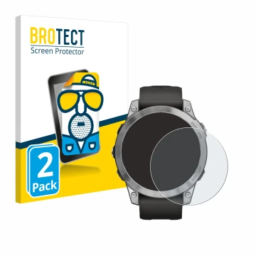 Parte frontal de un envase de producto con el logotipo de la marca BROTECT. Al lado se muestra el dispositivo Garmin Fenix 7 (
