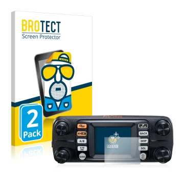 Parte frontal de un envase de producto con el logotipo de la marca BROTECT. Al lado se muestra el dispositivo Yaesu FTM-300DE 