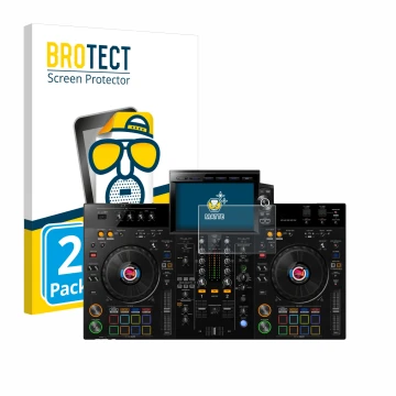 Parte frontal de un envase de producto con el logotipo de la marca BROTECT. Al lado se muestra el dispositivo Pioneer XDJ-RX3 