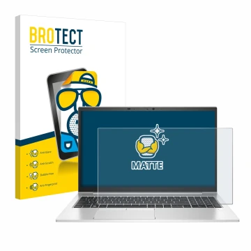 Parte frontal de un envase de producto con el logotipo de la marca BROTECT. Al lado se muestra el dispositivo HP EliteBook 850