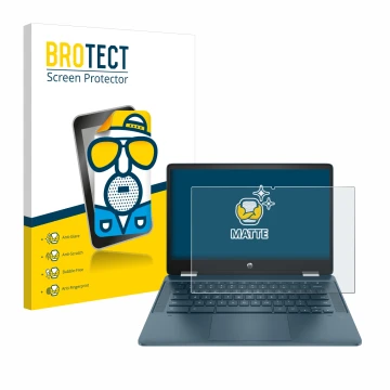 Parte frontal de un envase de producto con el logotipo de la marca BROTECT. Al lado se muestra el dispositivo HP Chromebook x3