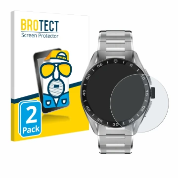 Parte frontal de un envase de producto con el logotipo de la marca BROTECT. Al lado se muestra el dispositivo TAG Heuer Connec