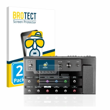 Parte frontal de un envase de producto con el logotipo de la marca BROTECT. Al lado se muestra el dispositivo Line 6 Helix Flo