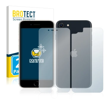 Parte frontal de un envase de producto con el logotipo de la marca BROTECT. Al lado se muestra el dispositivo Apple iPhone SE 