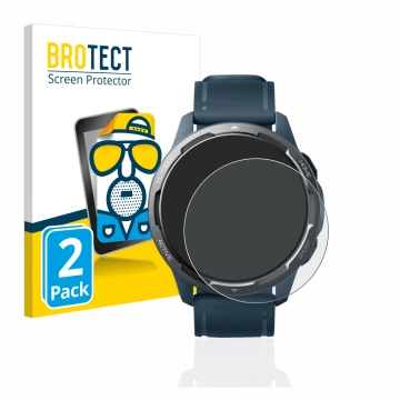 Parte frontal de un envase de producto con el logotipo de la marca BROTECT. Al lado se muestra el dispositivo Xiaomi Watch S1 